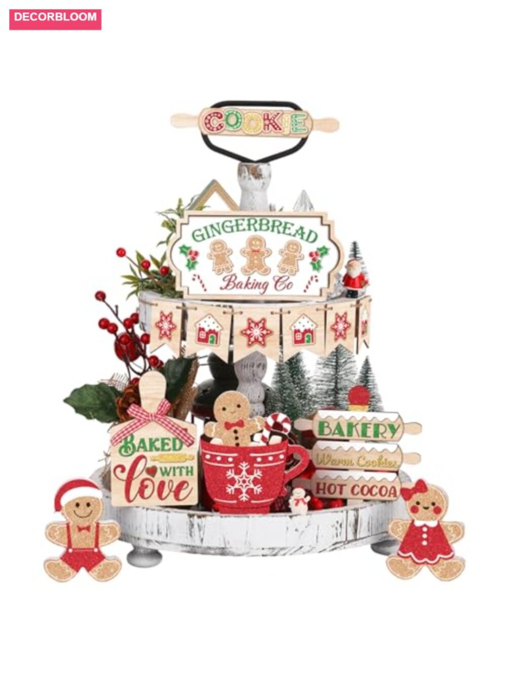 12 Pc Christmas Wood Tiered Tray Decor Set Gingerbread Table Centerpiece